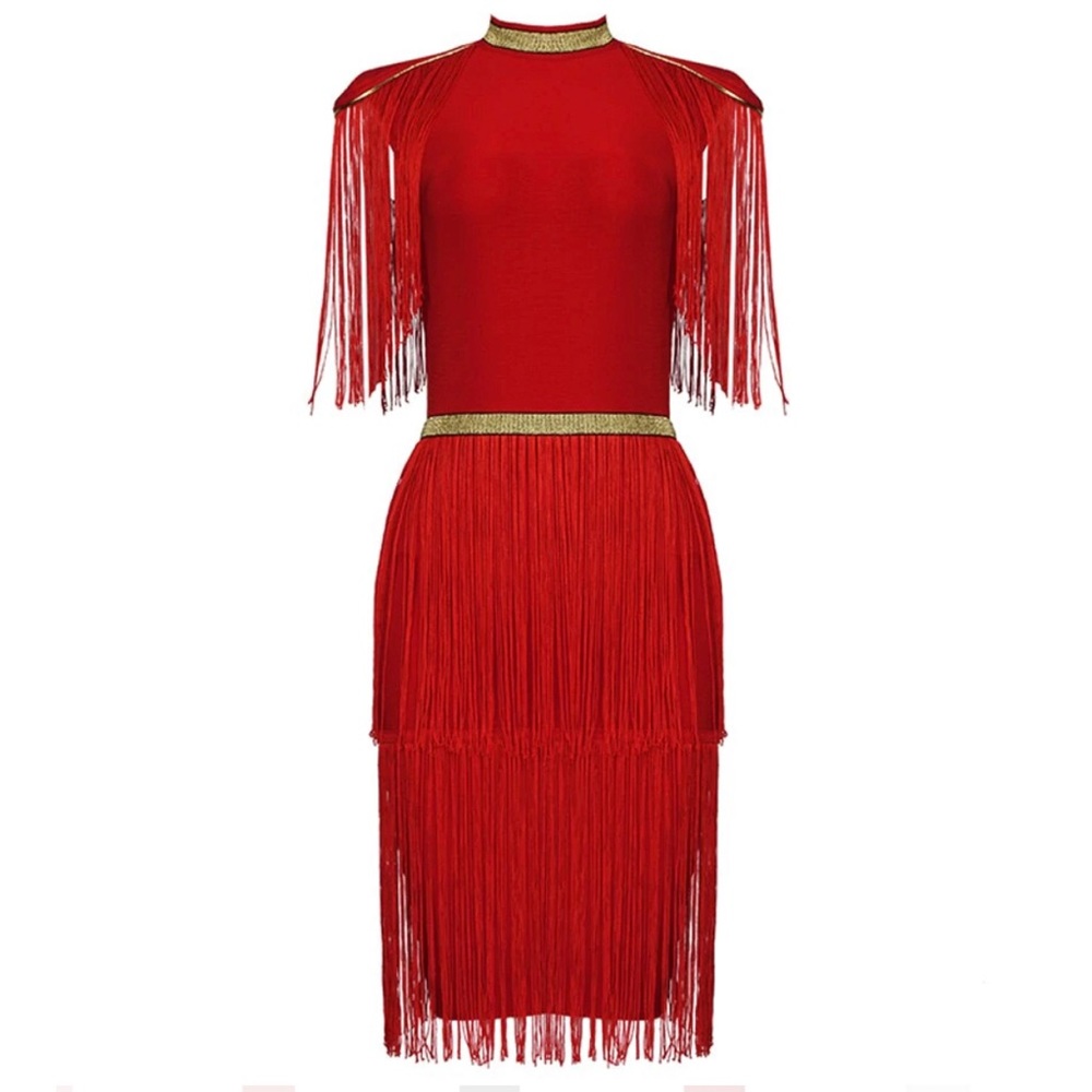 SHEIN RED TASSEL GOLD STRIPED BANDAGE FRINGE SHORT SLEEVE MINI DRESS